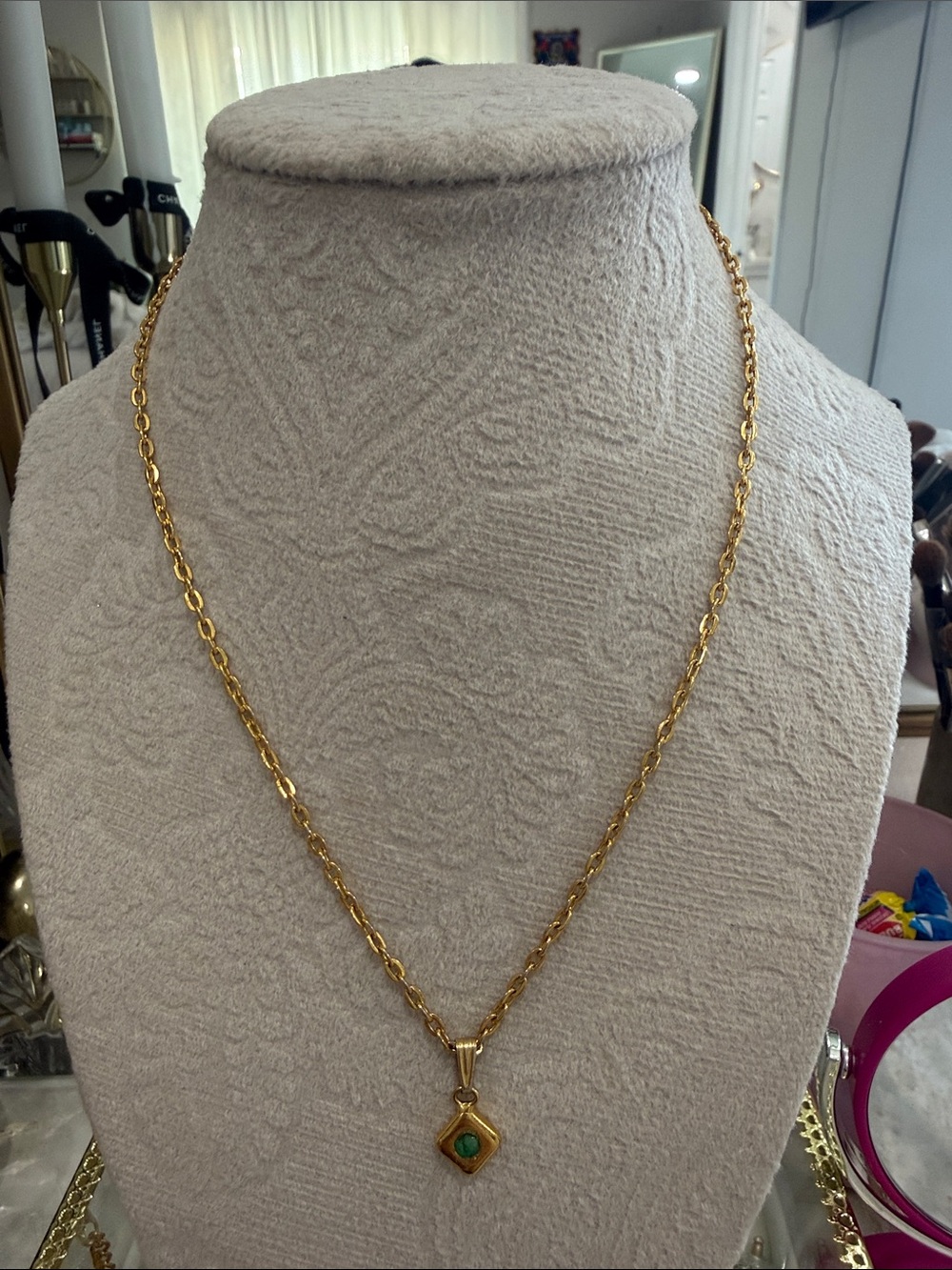Gold-Tone Chain Necklace with Green Stone Pendant - Women Jewelry